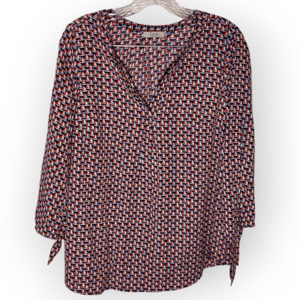 Dalia Women Blouse Top Nautical 3/4 Open Tie Sleeve Sailboat Red White Blue - M